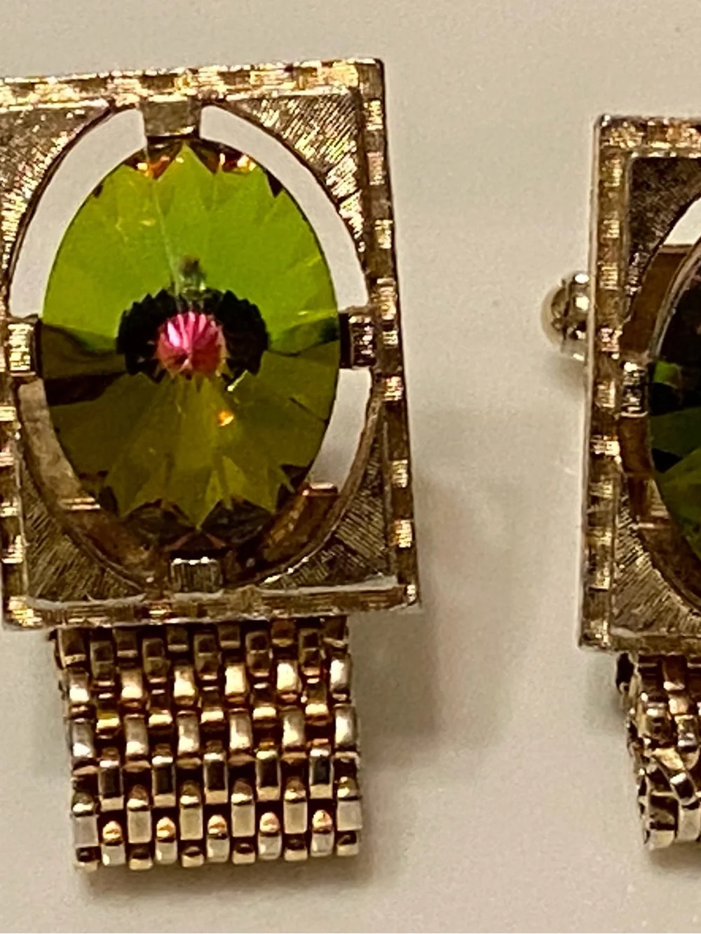 Gold-Tone Men's Cuff Links with Green Crystal Centers